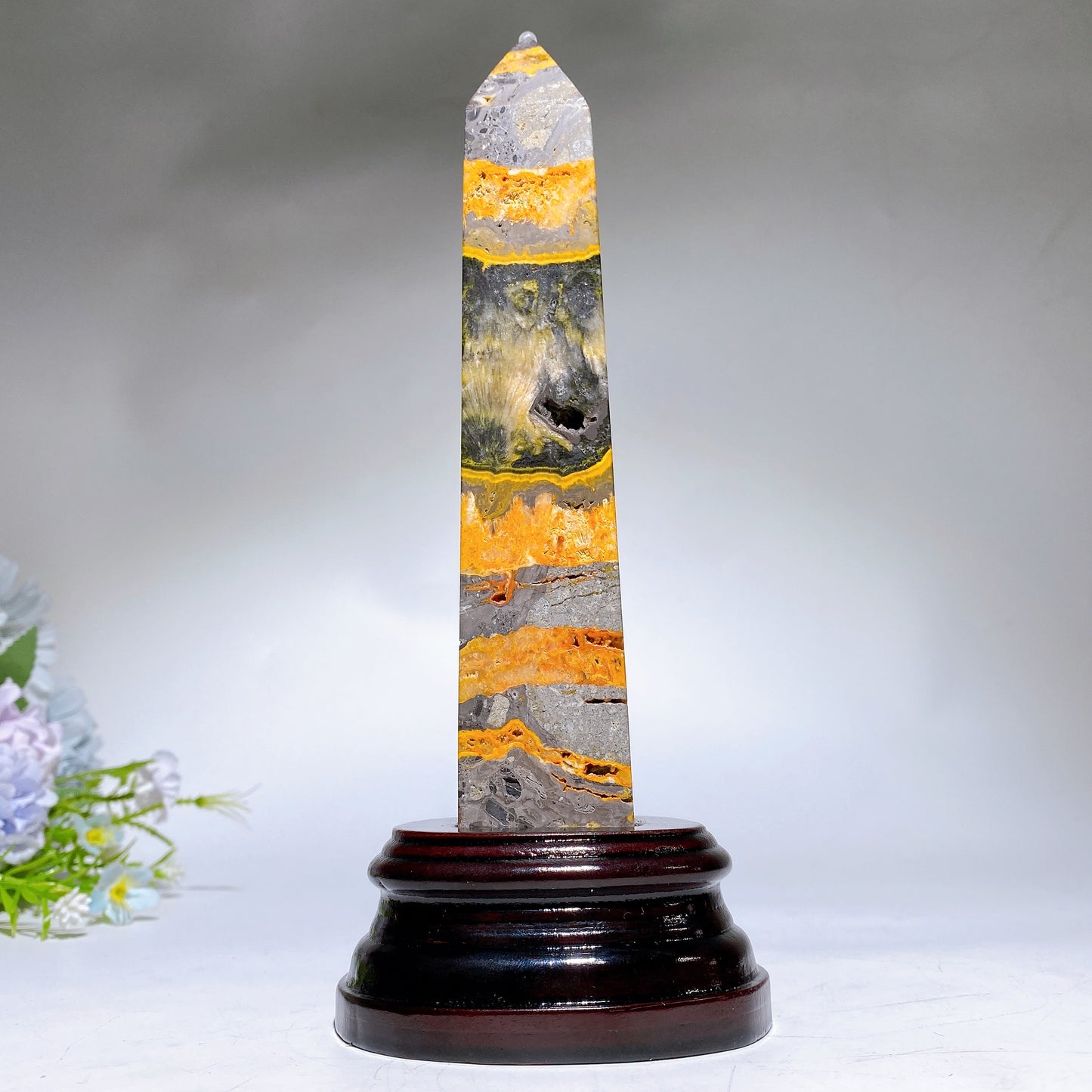 21cm Bumblebee Jasper Tower with Wooden Stand Crystal Healing Bulk Wholesale
