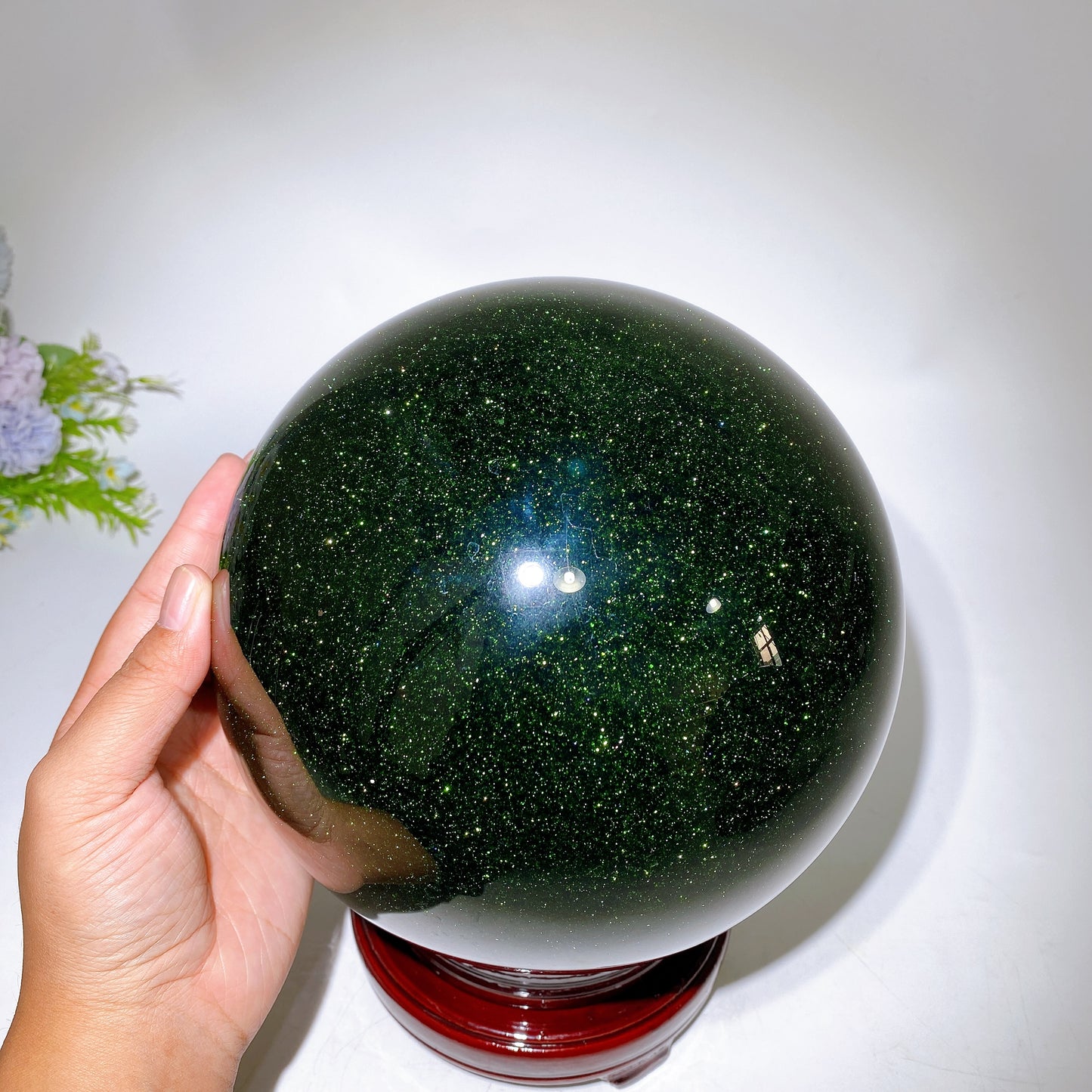 Large Unique Green Blue Sandstone Sphere with Wooden Stand Crystal Healing Bulk Wholesale
