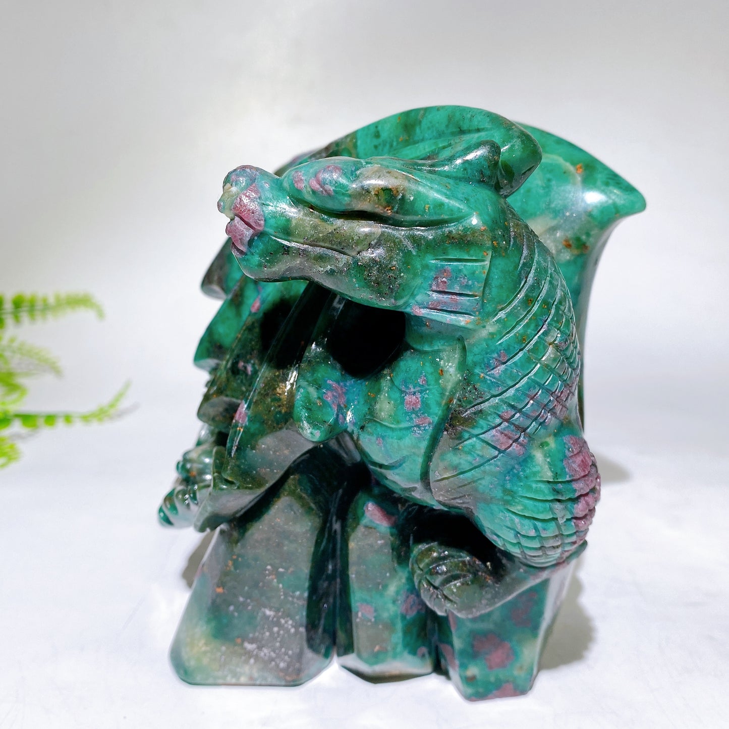Unique Hand Carved Natural UV Reactive Ruby In Fuschite Dragon Carving Crystal Healing Bulk Wholesale