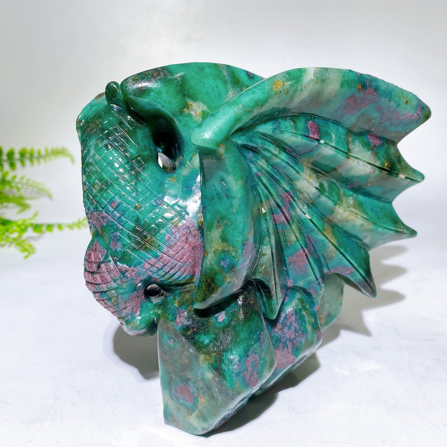 Unique Hand Carved Natural UV Reactive Ruby In Fuschite Dragon Carving Crystal Healing Bulk Wholesale
