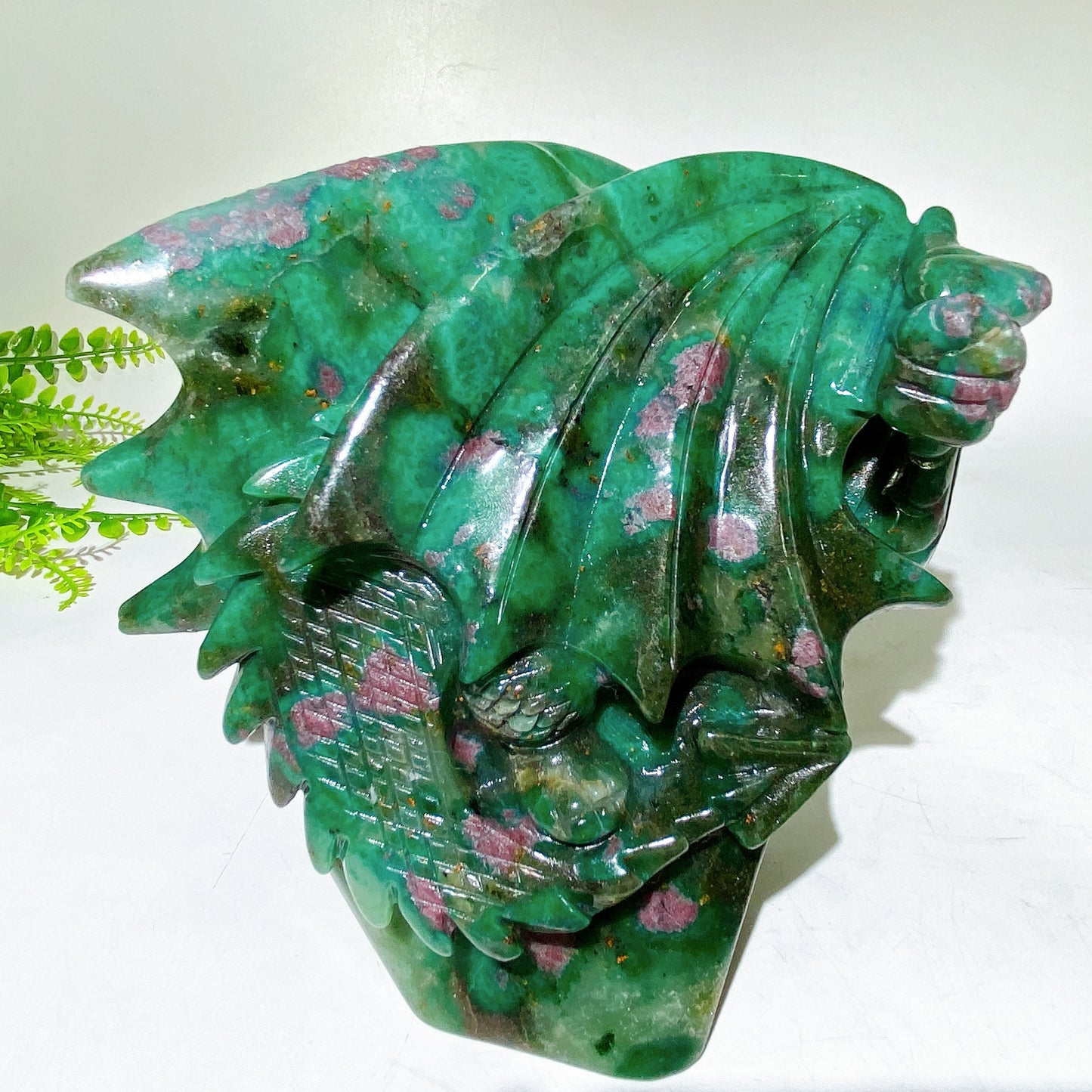 Unique Hand Carved Natural UV Reactive Ruby In Fuschite Dragon Carving Crystal Healing Bulk Wholesale