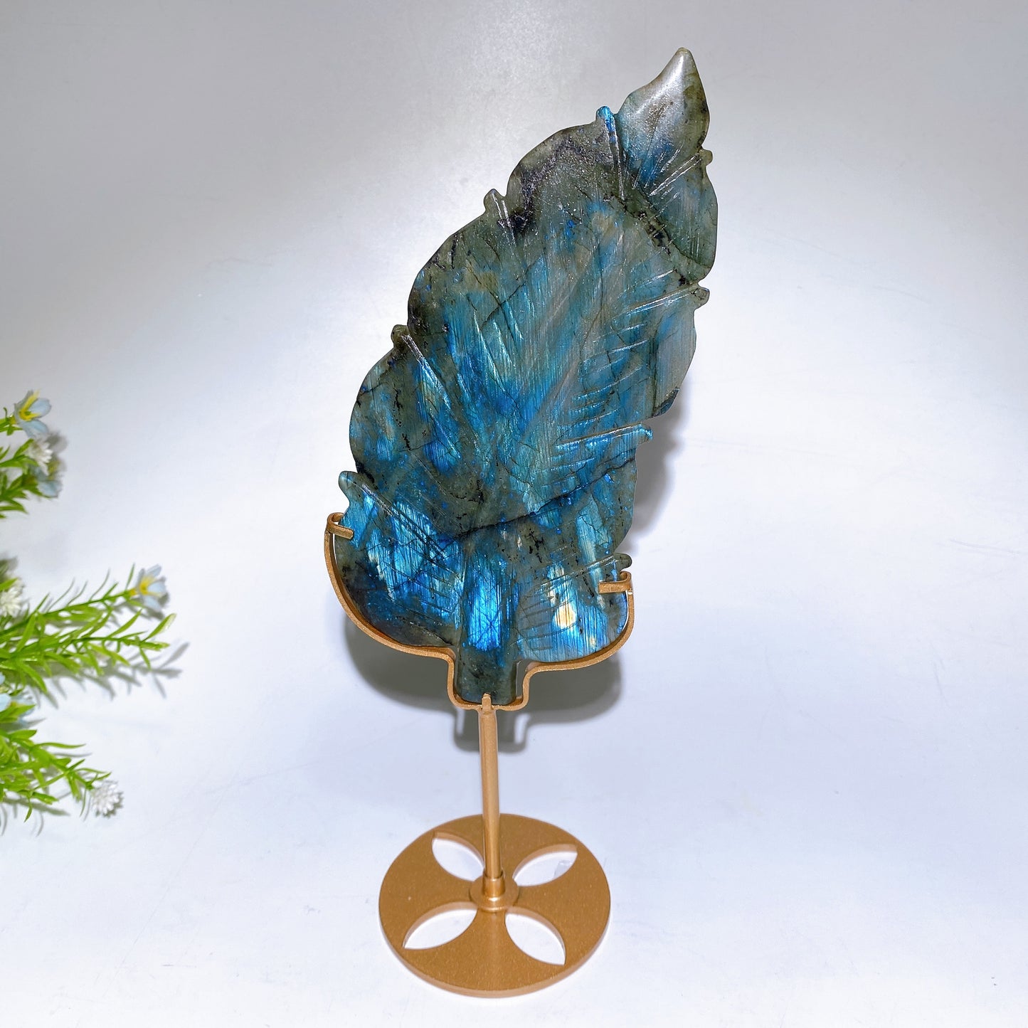Natural Labradorite Feather Carving with Stand Crystal Healing Bulk Wholesale
