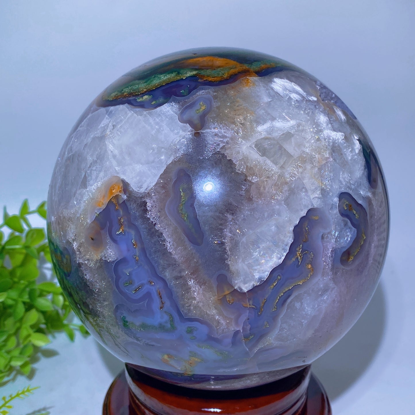 16.5cm Unique UV Reactive Druzy Moss Agate Grow with Calcite Sphere with Stand