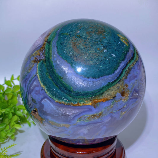 16.5cm Unique UV Reactive Druzy Moss Agate Grow with Calcite Sphere with Stand