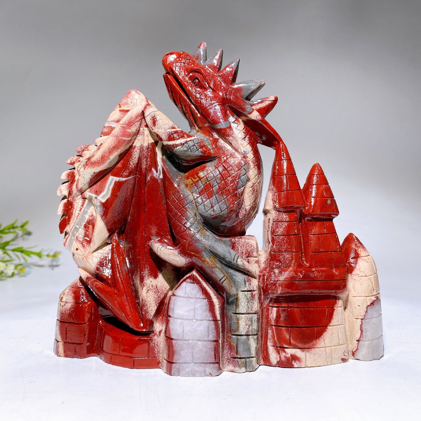 18cm Hand Carved Natrual Red Jasper Dragon on Castle Crystal Healing Bulk Wholesale