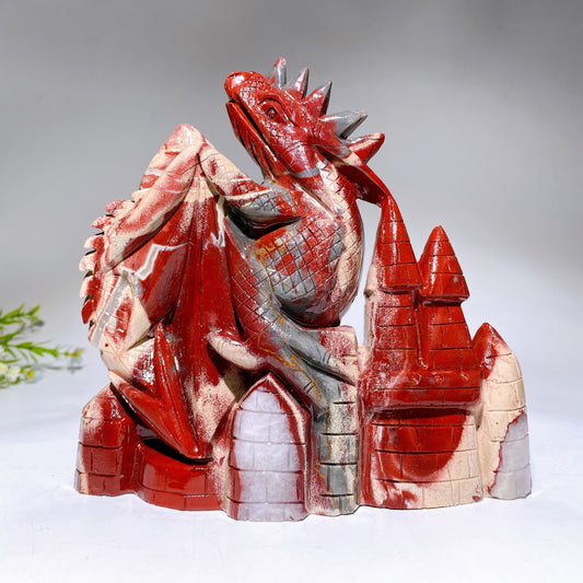 18cm Hand Carved Natrual Red Jasper Dragon on Castle Crystal Healing Bulk Wholesale