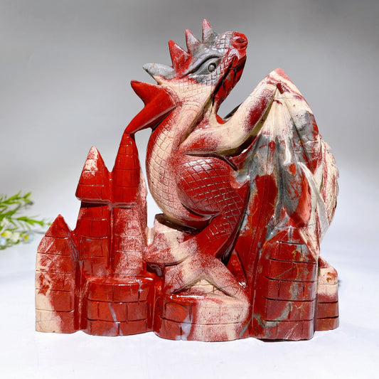 18cm Hand Carved Natrual Red Jasper Dragon on Castle Crystal Healing Bulk Wholesale