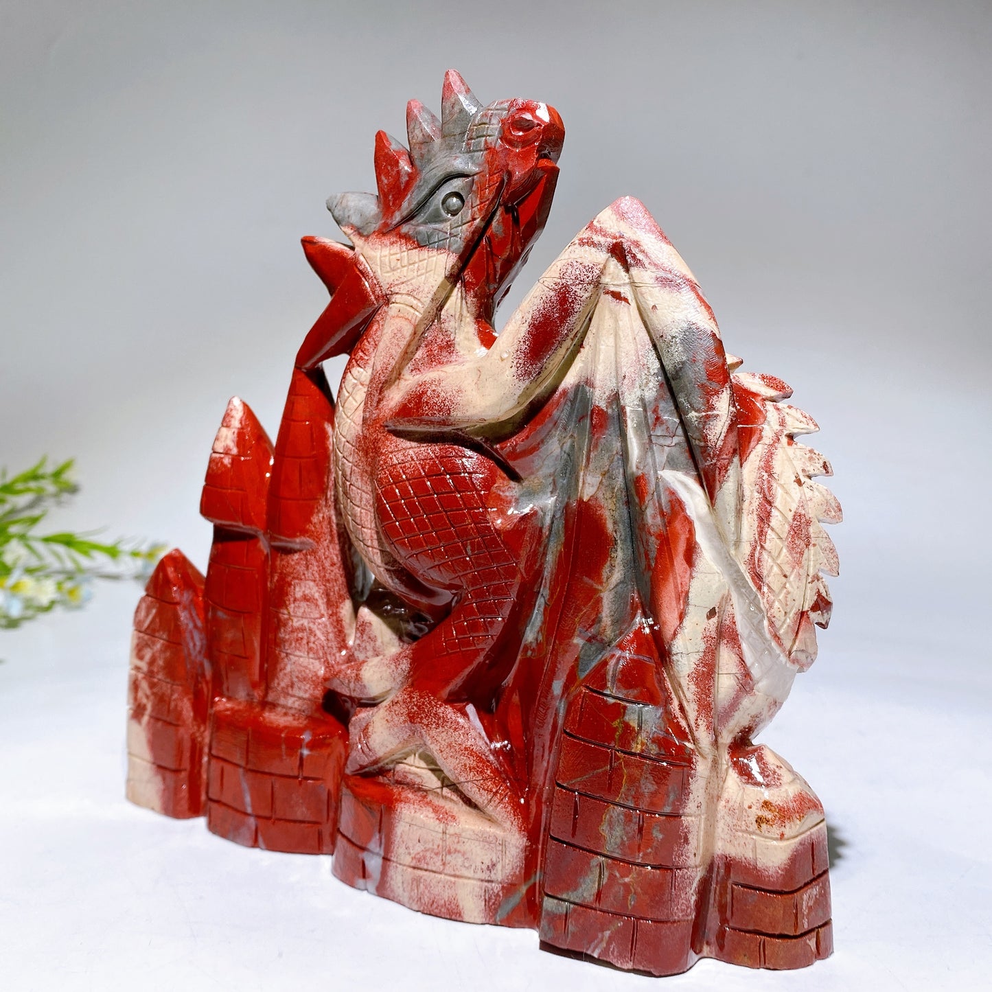 18cm Hand Carved Natrual Red Jasper Dragon on Castle Crystal Healing Bulk Wholesale