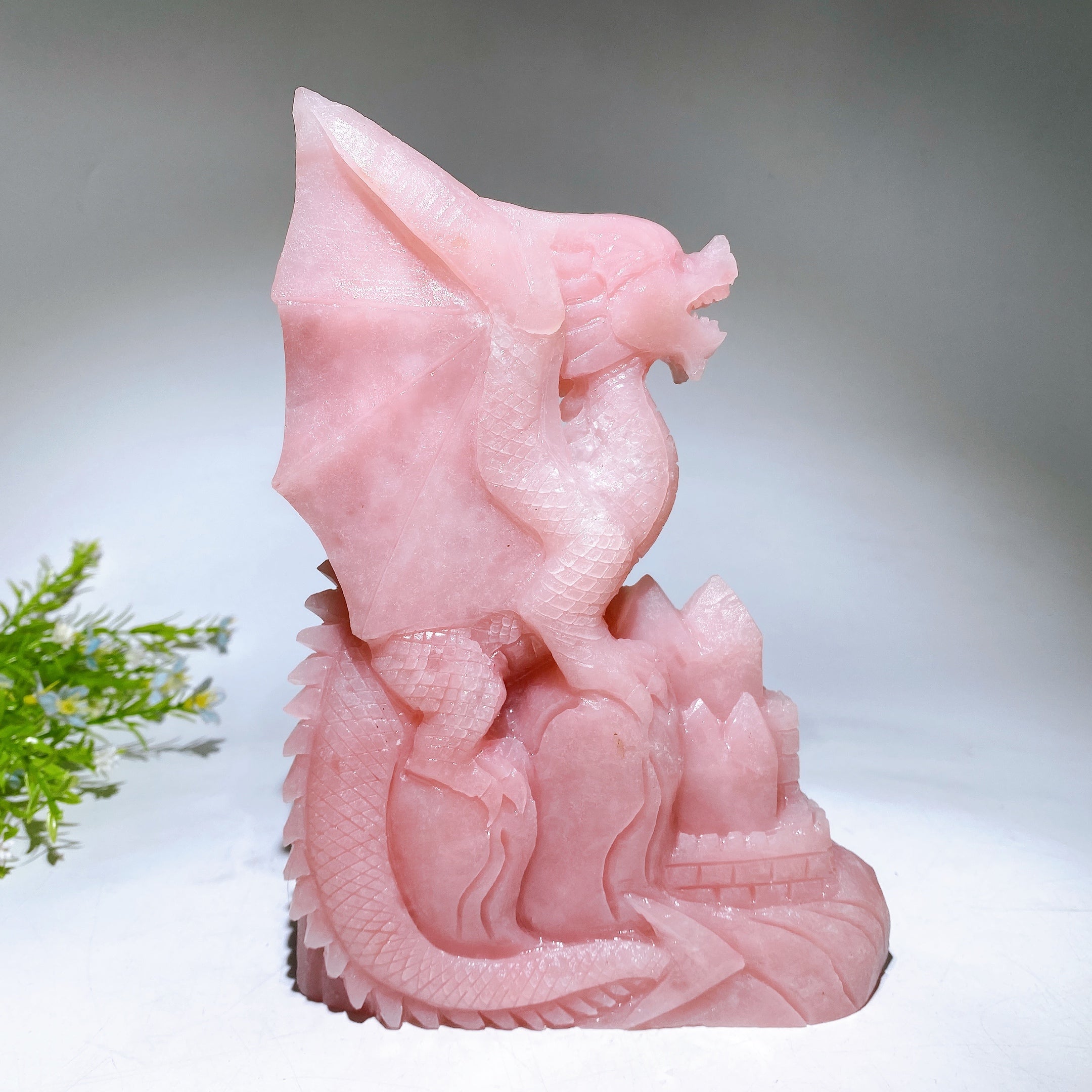 22cm Hand Carved Natural Pink Opal Dragon Castle Crystal Healing Bulk