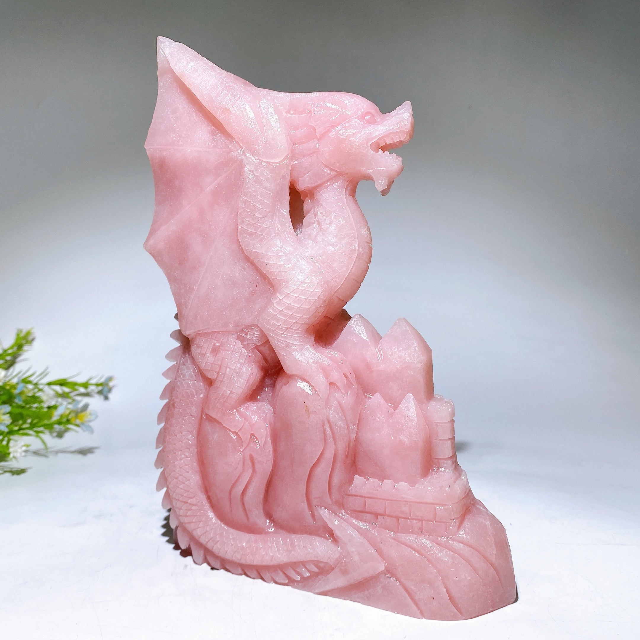 22cm Hand Carved Natural Pink Opal Dragon Castle Crystal Healing Bulk