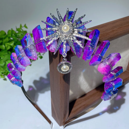 Mixed Aura Crystal Crown with Pearl Sun Decor Crystal Healing Bulk Wholesale