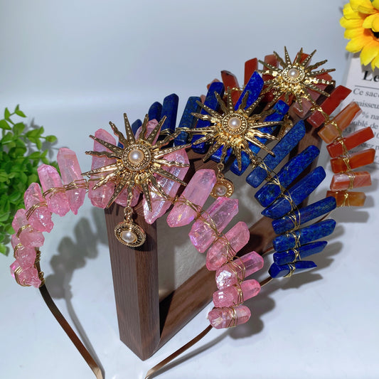 Mixed Aura Crystal Crown with Pearl Sun Decor Crystal Healing Bulk Wholesale