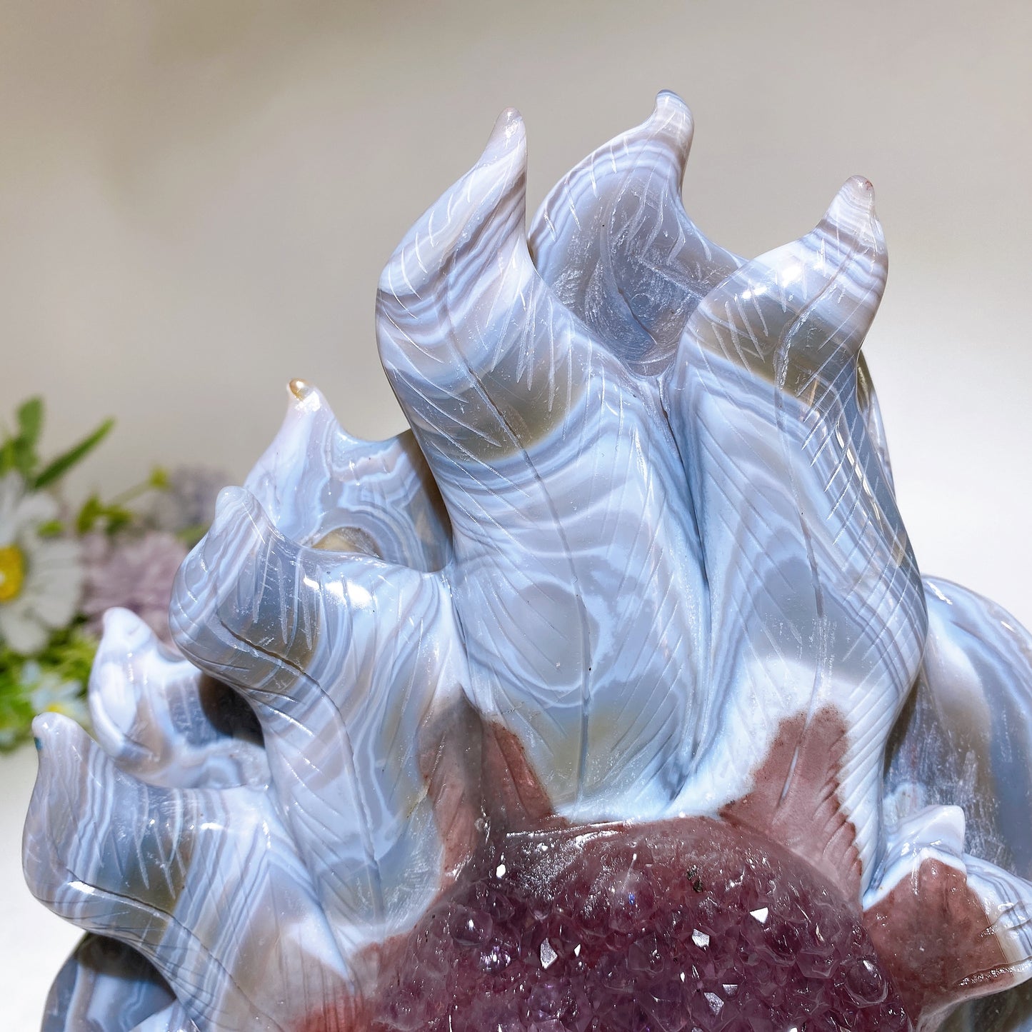 19cm Unique Striped Agate Growing with Amethyst Cluster Nine-tails Fox Carving Crystal Healing Bulk Wholesale