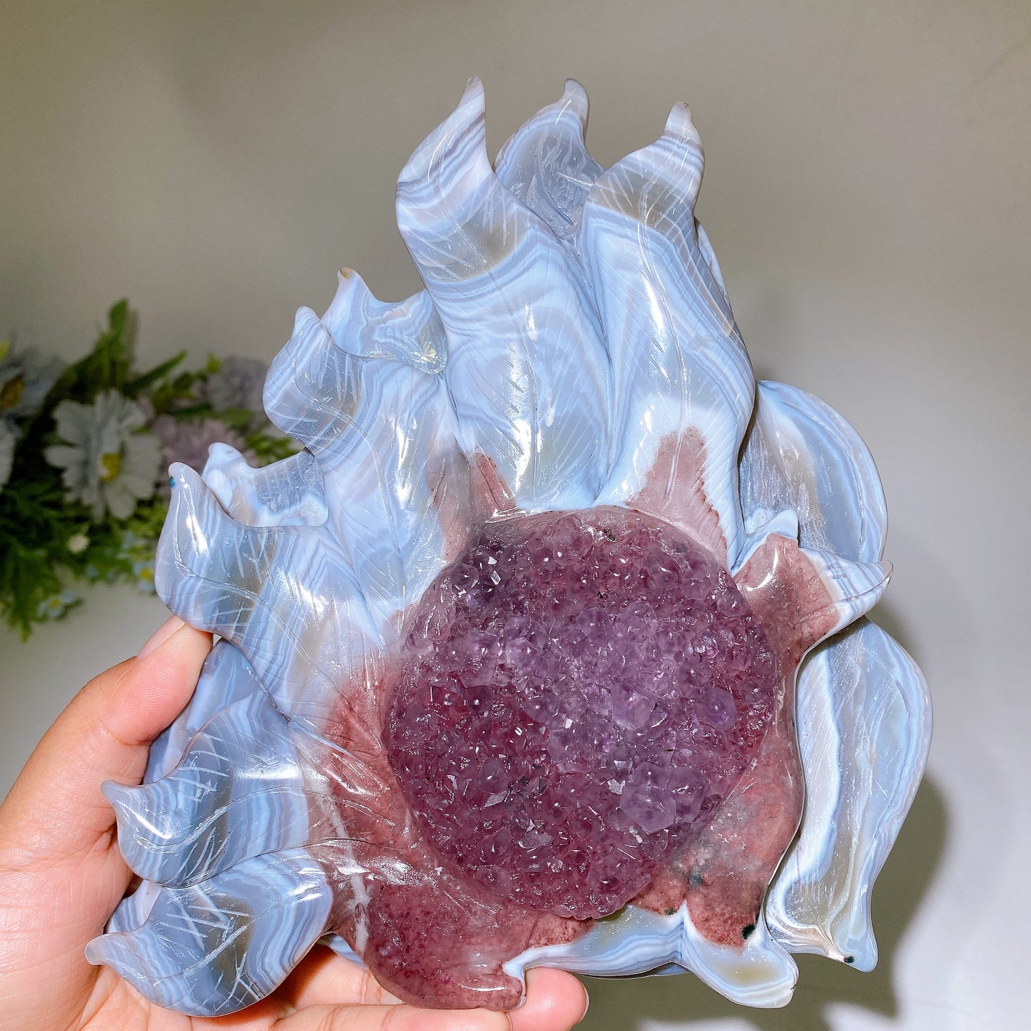 19cm Unique Striped Agate Growing with Amethyst Cluster Nine-tails Fox Carving Crystal Healing Bulk Wholesale