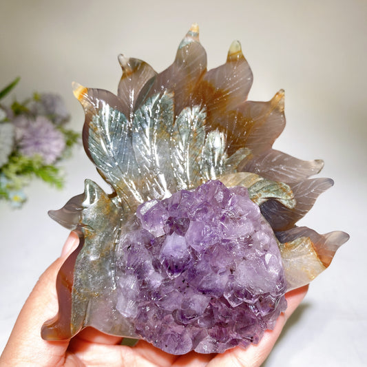 5.0 Unique Agate Growing with Amethyst Cluster Nine-tails Fox Carving Crystal Healing Bulk Wholesale