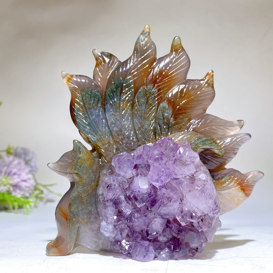 5.0 Unique Agate Growing with Amethyst Cluster Nine-tails Fox Carving Crystal Healing Bulk Wholesale