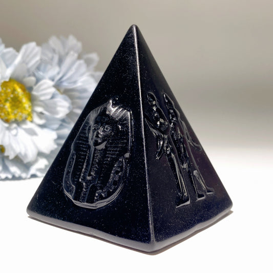 3.0" Black Obsidian Pyramid with Egypt Pattern Carvings Bulk Wholesale
