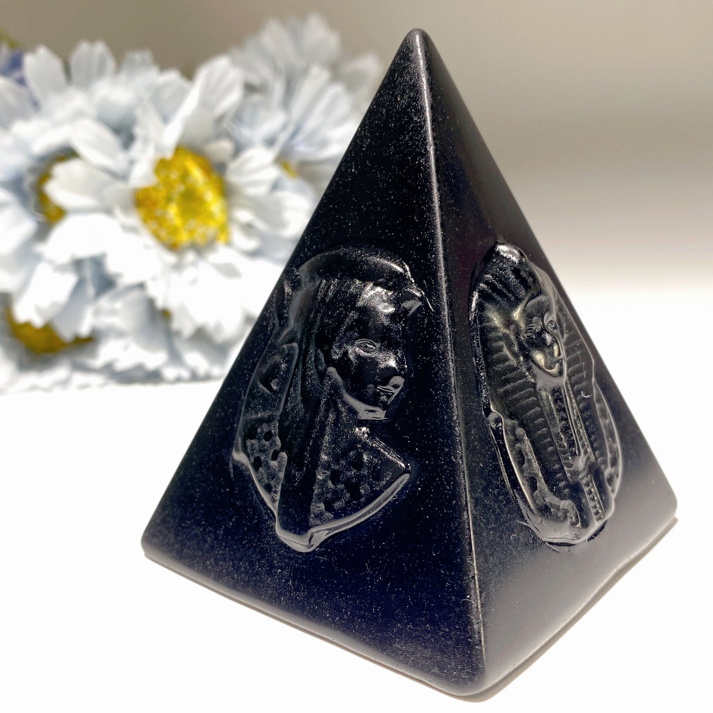 3.0" Black Obsidian Pyramid with Egypt Pattern Carvings Bulk Wholesale
