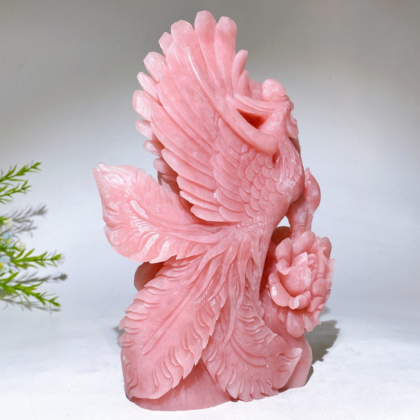 22.5cm Hand Carved Natural Pink Opal Phoenix & Penony Free Form Crystal Healing Bulk Wholesale