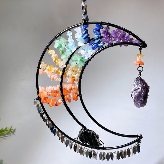 Wire Wrap Natural Gemstone Crystal Chips Moon Leaf Hanging Ornament Crystal Healing Bulk Wholesale