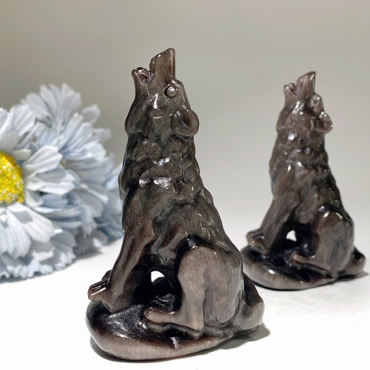3.5" Silver Obsidian Wolf Carvings Bulk Wholesale