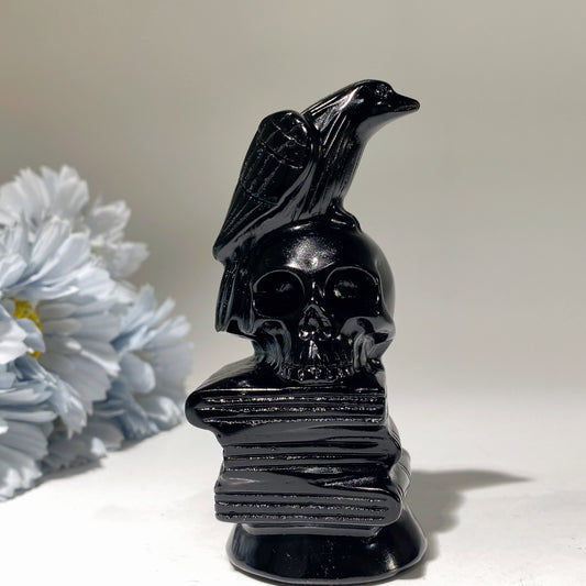 4.0" Black Obsidian Skull with Book Raven Decor Carvings Bulk Wholesale