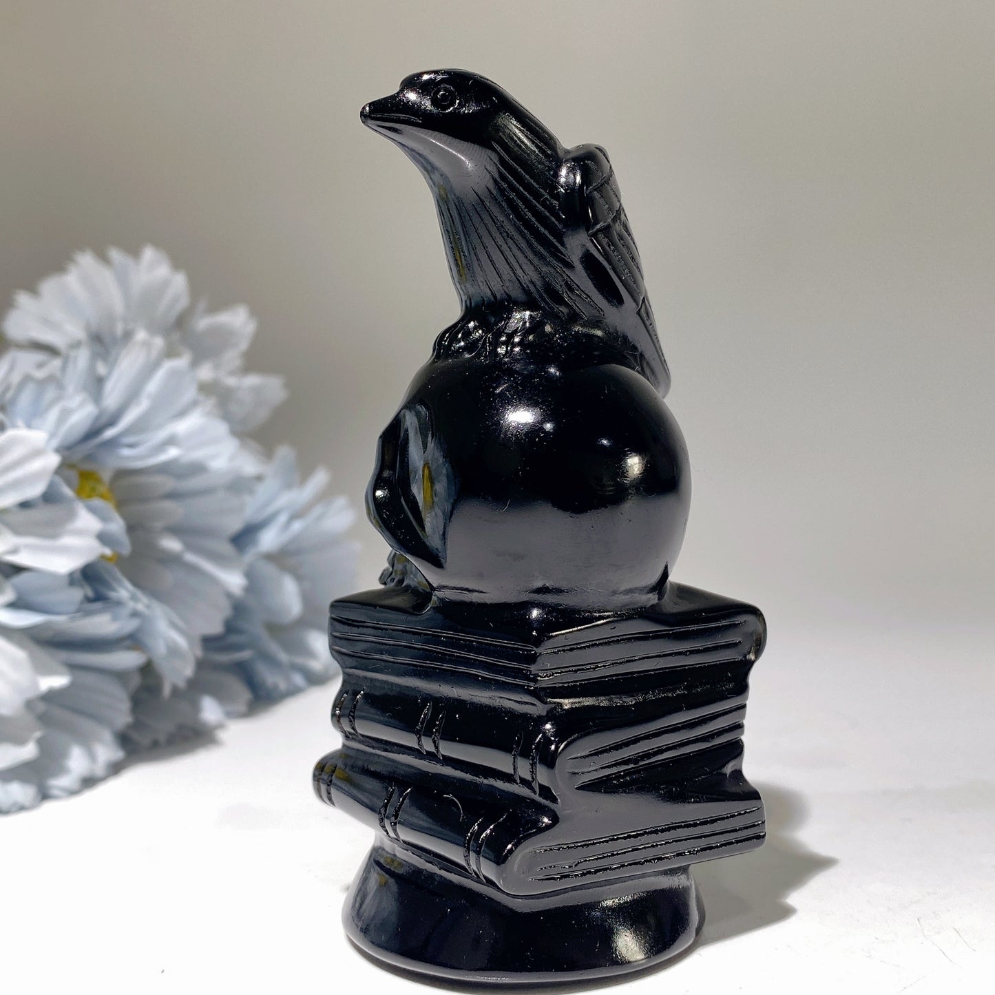 4.0" Black Obsidian Skull with Book Raven Decor Carvings Bulk Wholesale