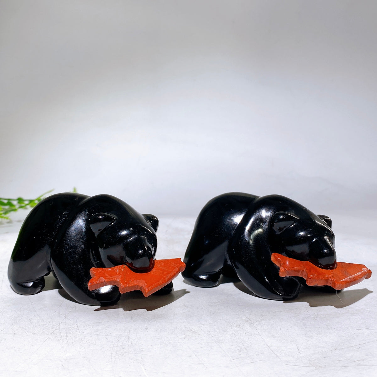 3.8" Black Obsidian Bear with Red Jasper Fish Carving Wholesale