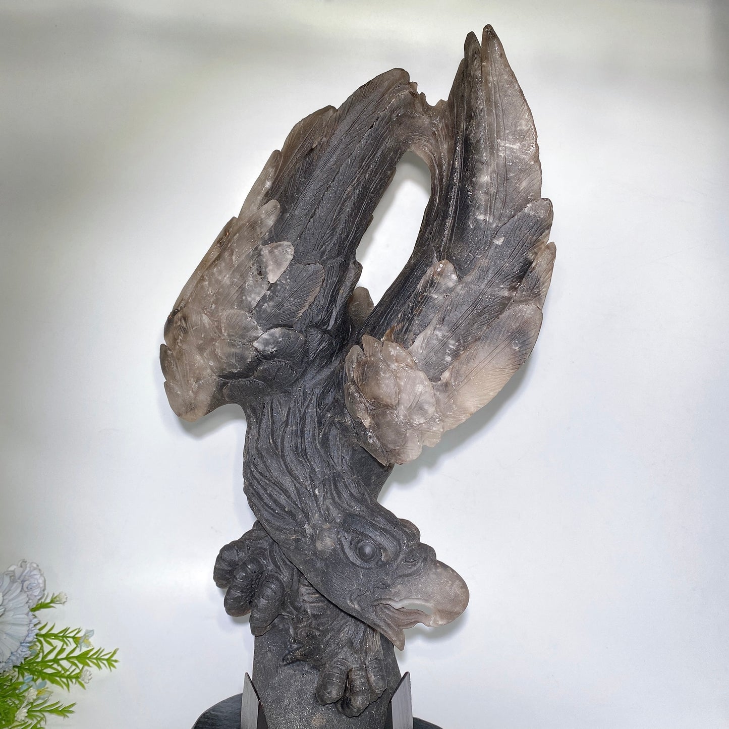 54cm Large Unqiue Smoky Quartz Eagle Carving with Wooden Stand Crystal Healing Bulk Wholesale