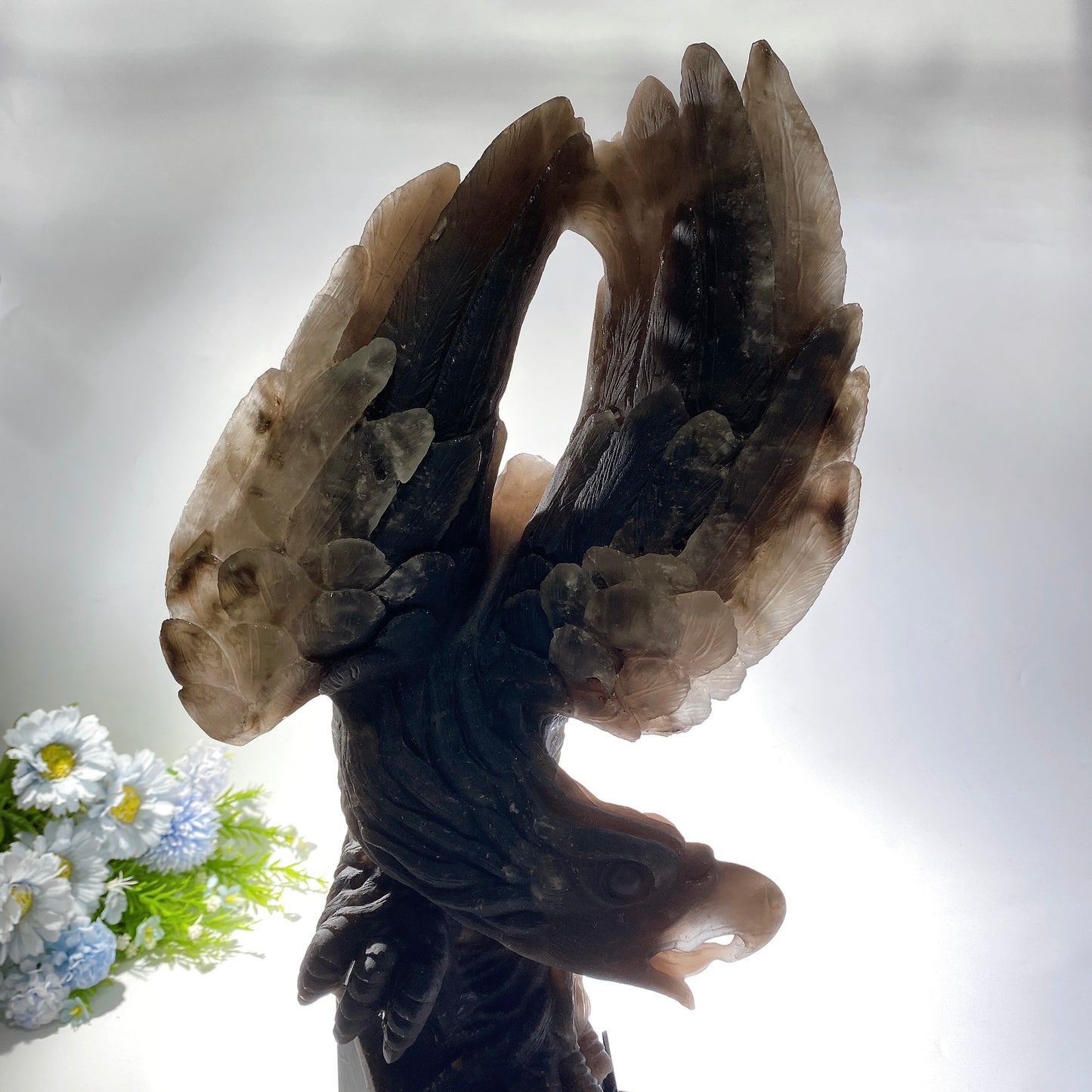 54cm Large Unqiue Smoky Quartz Eagle Carving with Wooden Stand Crystal Healing Bulk Wholesale