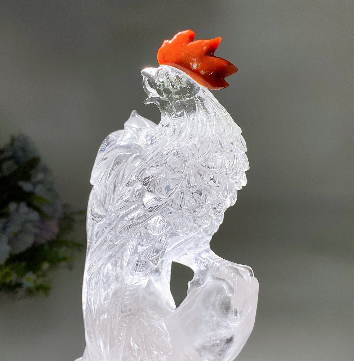 Unique Clear Quartz with Carnelian Rooster Carving with Wooden Stand Crystal Healing Bulk Wholesale