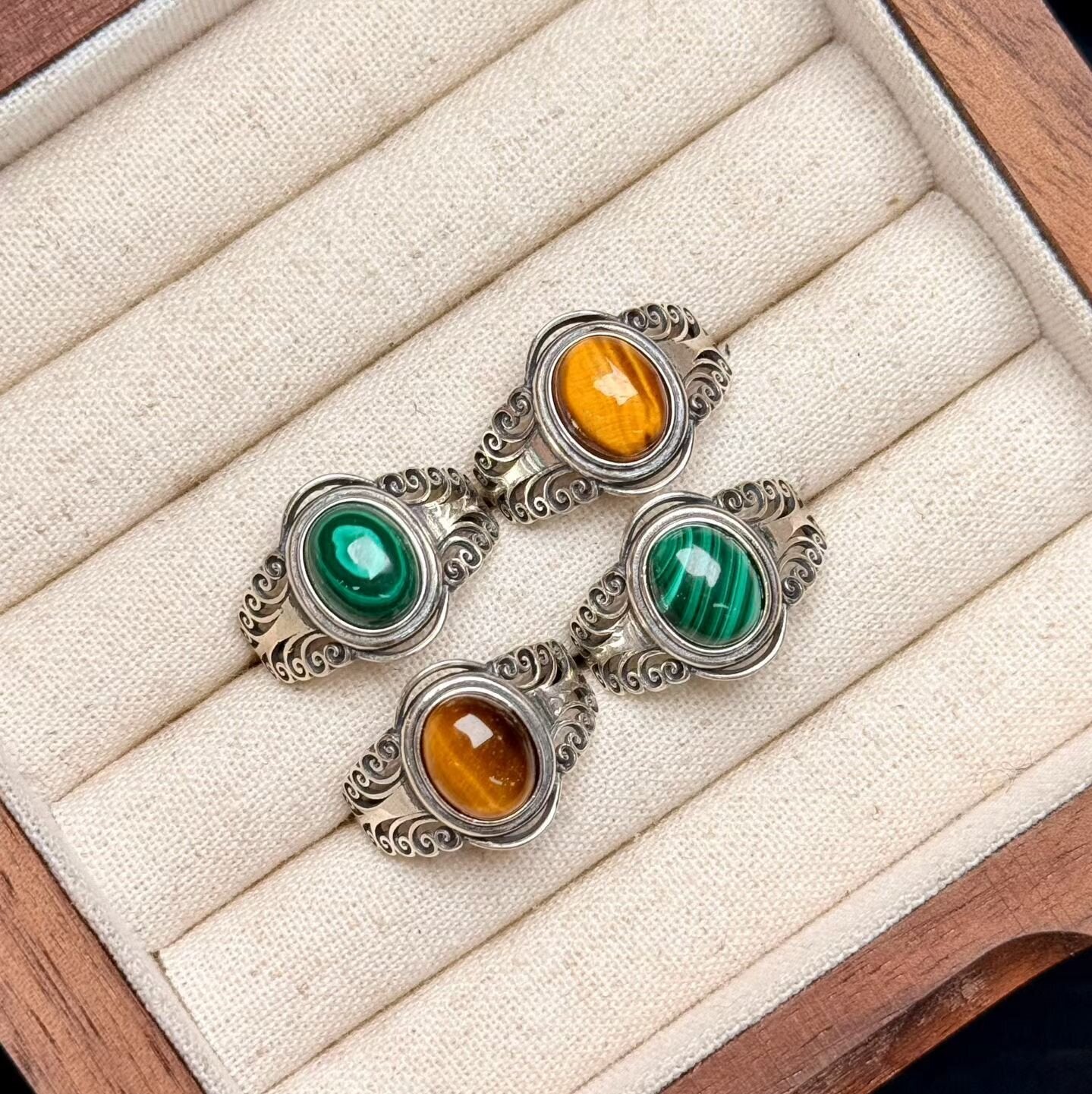 925 Silver Malachite Yellow Tiger's Eye Ring Crystal healing Bulk Wholesale