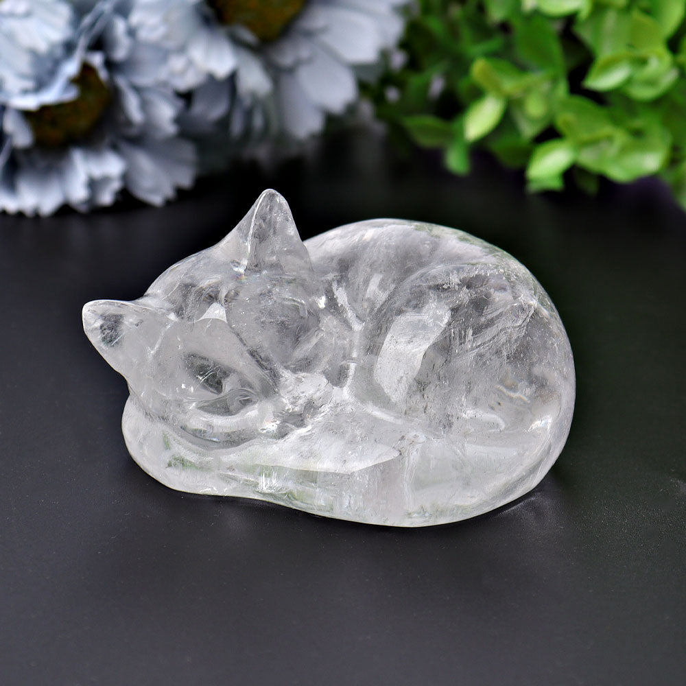 2.1" Clear Quartz Sleeping Cat Crystal Carvings