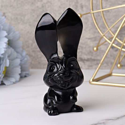 4.7" Black Obsidian Big Ears Rabbit Crystal Carvings