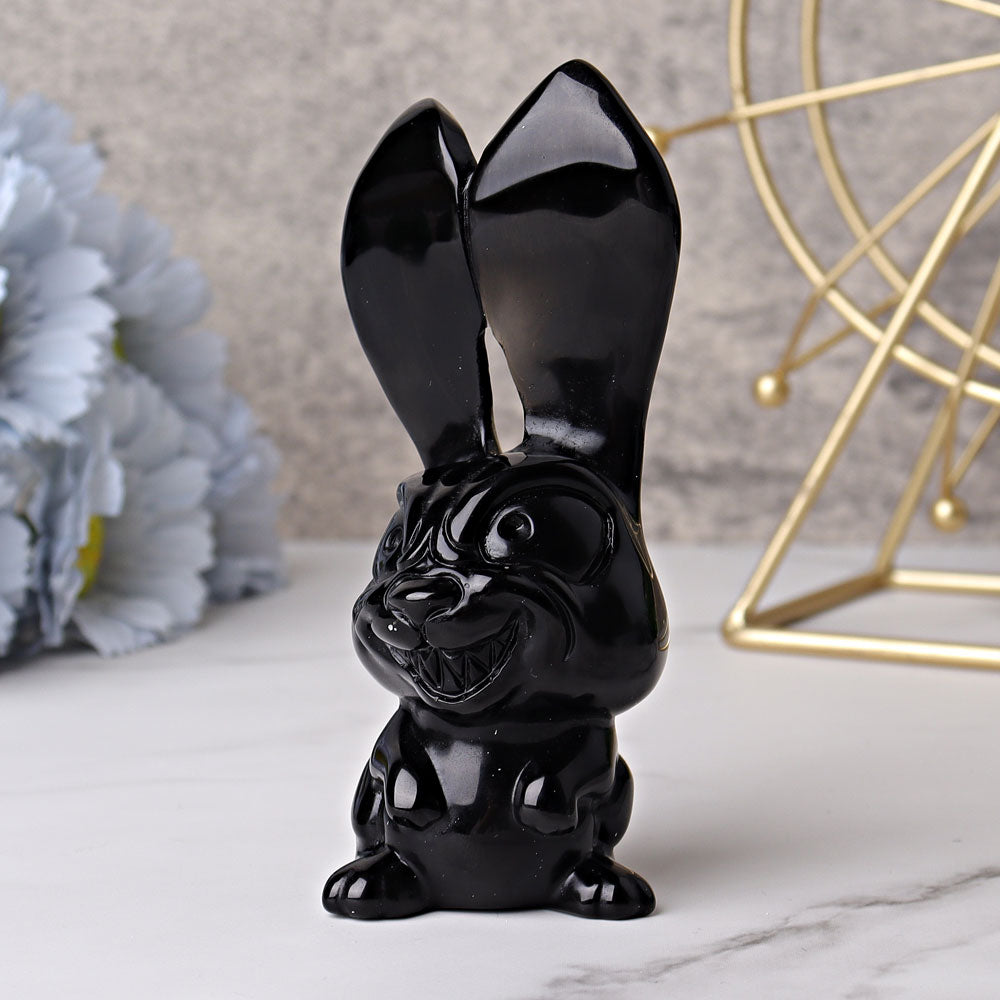 4.7" Black Obsidian Big Ears Rabbit Crystal Carvings