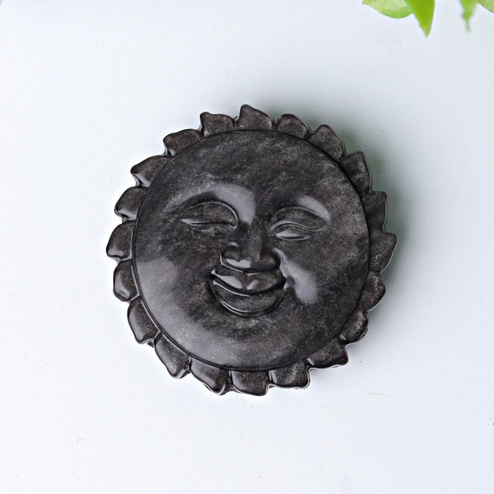 2" Silver Obsidian Sun Face Crystal Carving