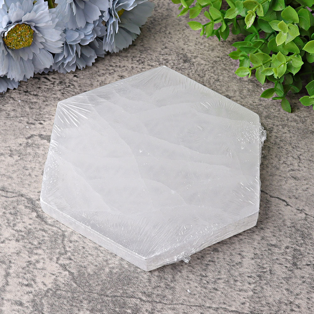 6" Hexagon Selenite Coaster with Printing Selenite Crystal Charging Plate