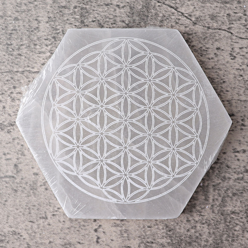 6" Hexagon Selenite Coaster with Printing Selenite Crystal Charging Plate