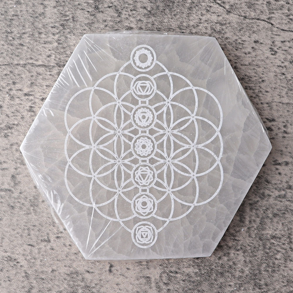 6" Hexagon Selenite Coaster with Printing Selenite Crystal Charging Plate