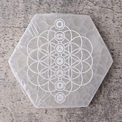 6" Hexagon Selenite Coaster with Printing Selenite Crystal Charging Plate
