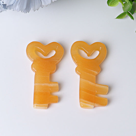 2.3" Orange Calcite Heart Key Crystal Carvings