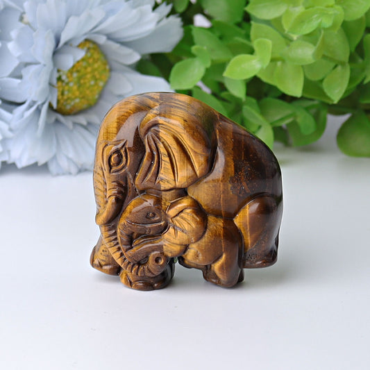 1.8" Yellow Tiger's Eye Elephant Baby & Mother Crystal Carvings