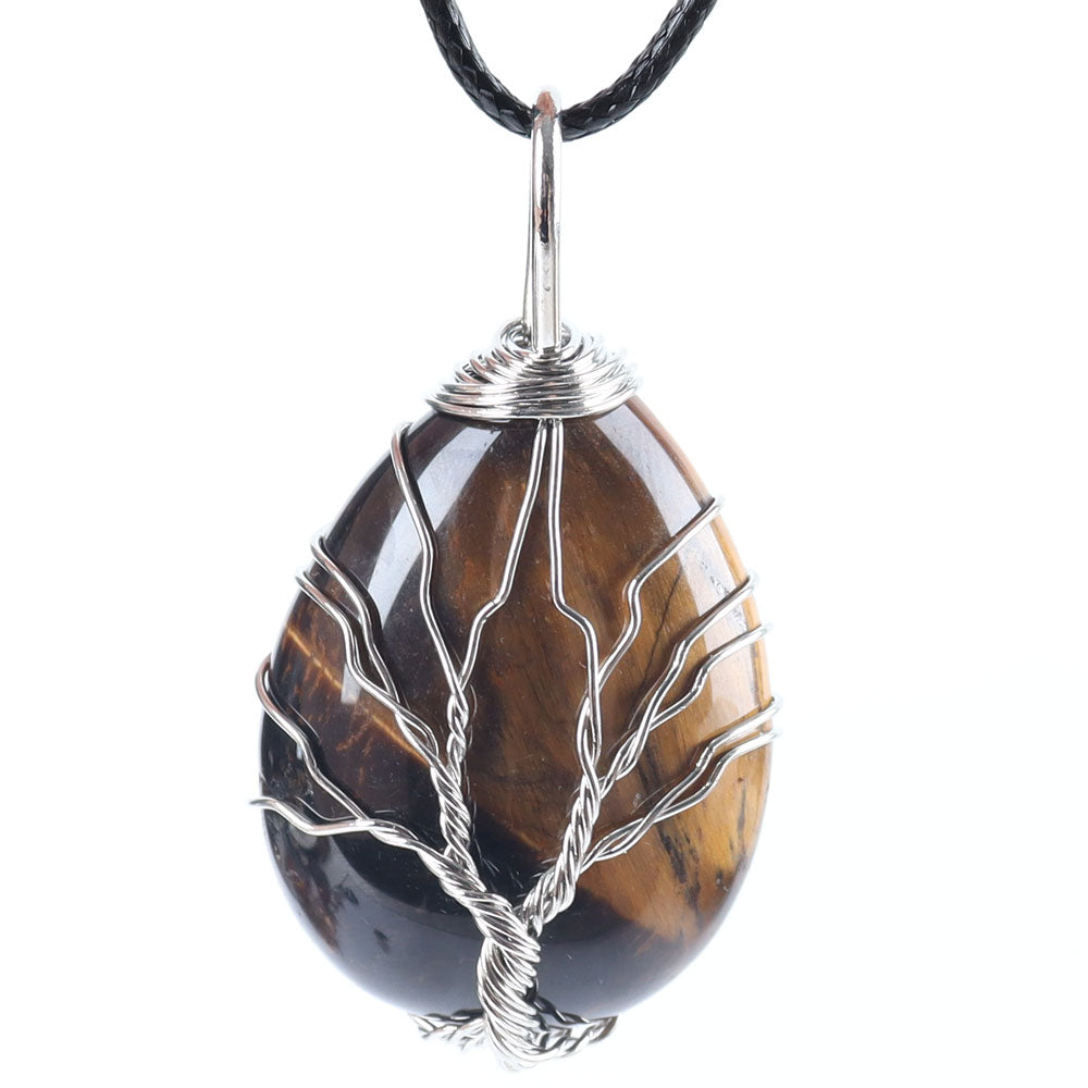 Teardrop Shape Crystal Stone Wire Wrapped Copper Tree of Life Chakra Pendant