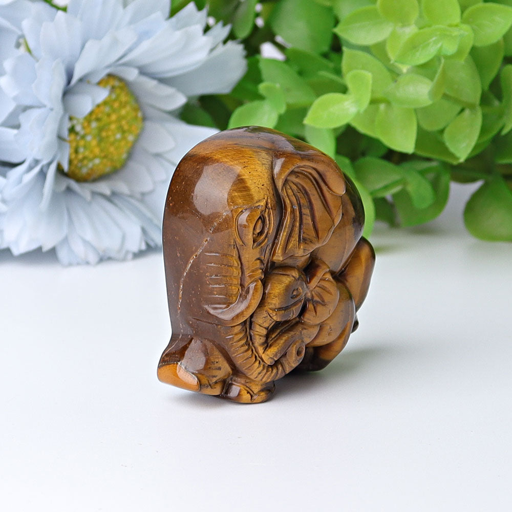 1.8" Yellow Tiger's Eye Elephant Baby & Mother Crystal Carvings