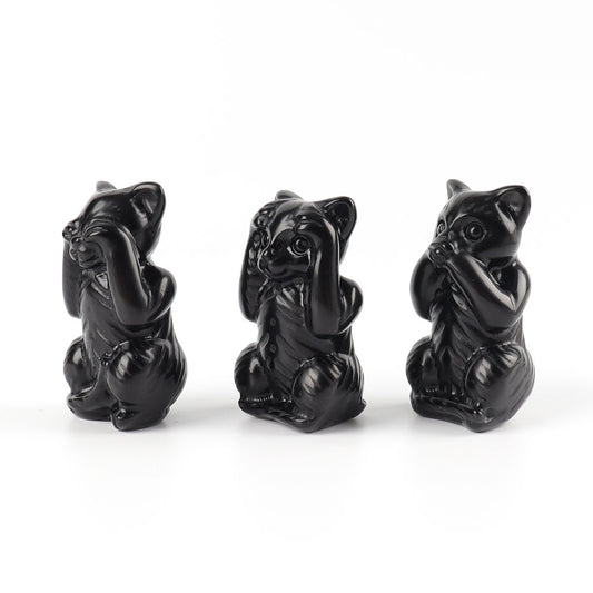 Black Obsidian Cat Carvings Wholesale See No Evil, Hear No Evil, Speak No Evil, Free Form 1set