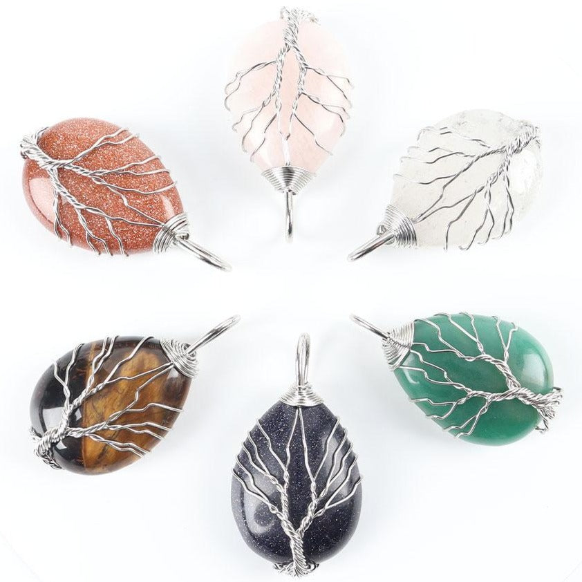 Teardrop Shape Crystal Stone Wire Wrapped Copper Tree of Life Chakra Pendant