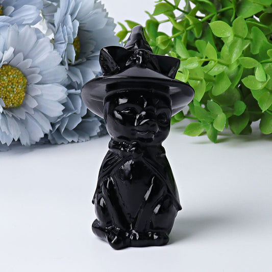 3.5" Black Obsidian Cat with Witch's Hat Crystal Carvings