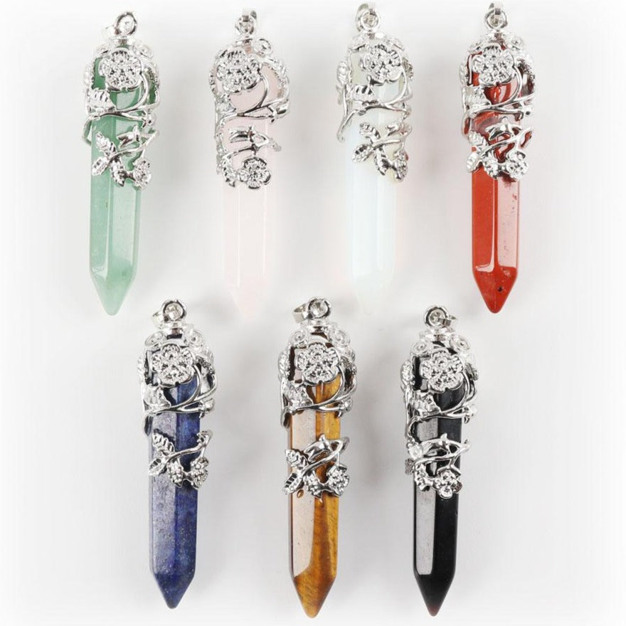 Natural Healing Flower Wrapped Crystal Pendant