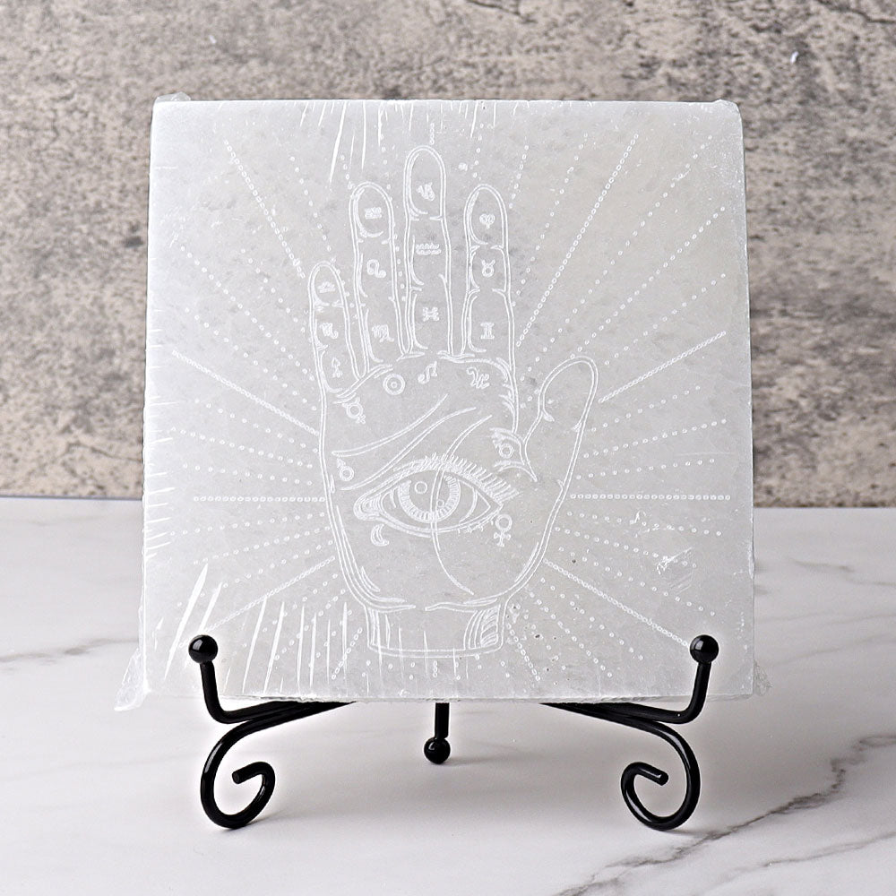 6" Square Selenite Coaster with Chakra Hand Printing Selenite Crystal Charging Plate