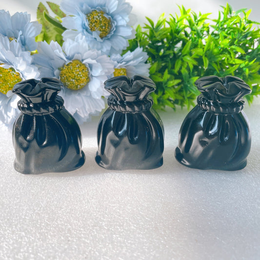 2.3" Black Obsidian Money Bag Crystal Carvings